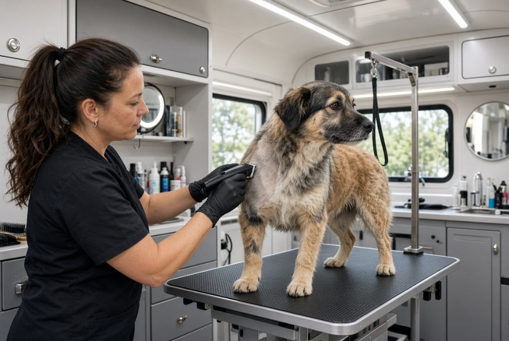 Groomer trimming a dog inside the Pawfect Studio mobile van